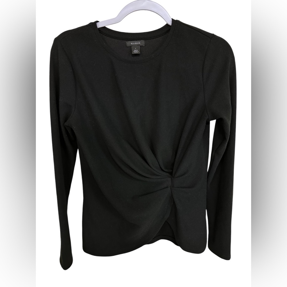 Halogen Black Long Sleeve Twist Knot Hem Top Fitted Stretch Women’s S